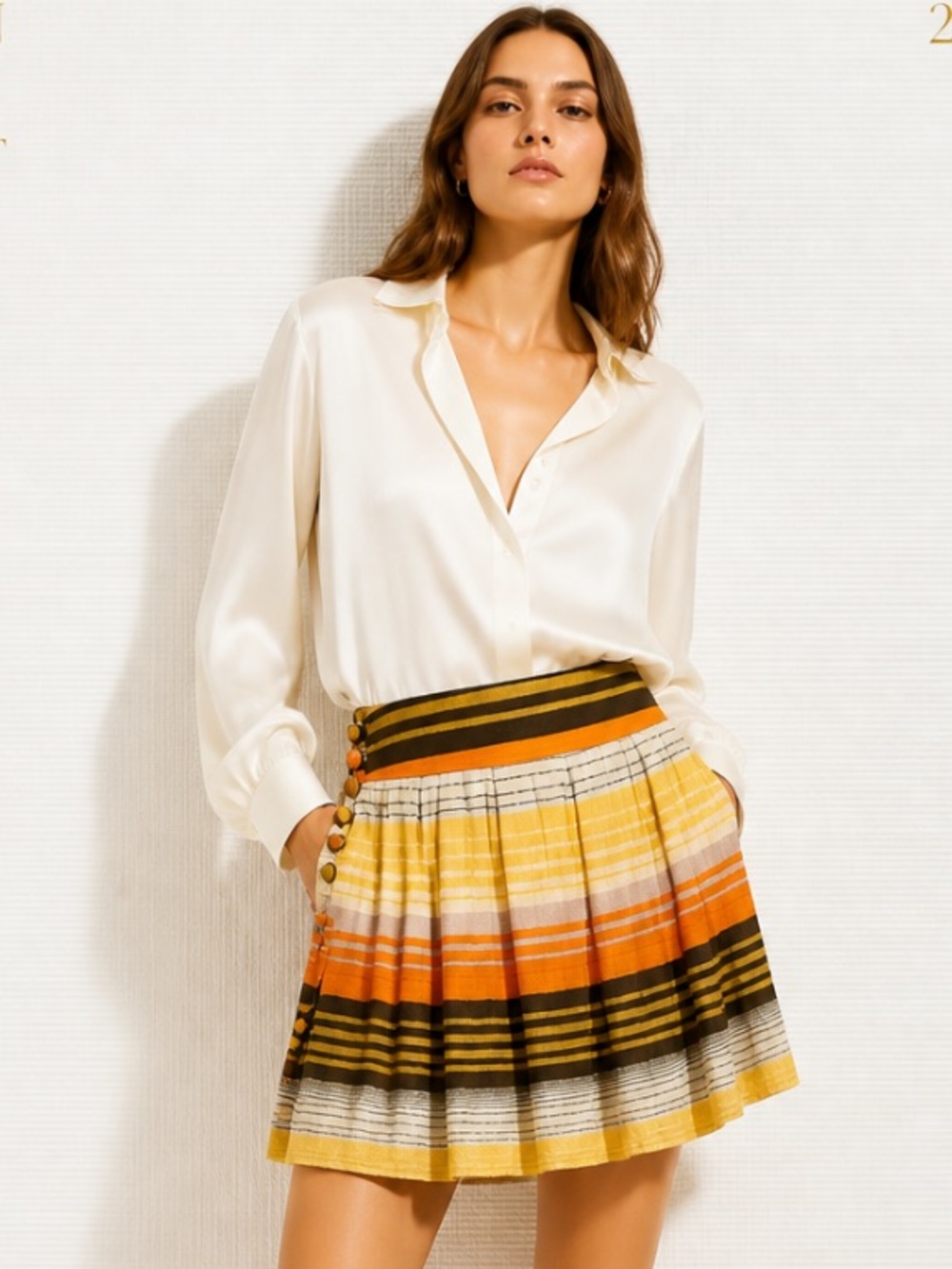 FRENCH CONNECTION Skirt Pleated Mini Striped Cotton Orange Brown Yellow